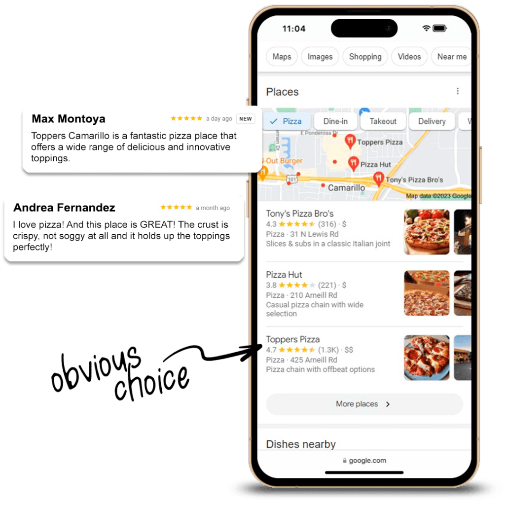 iPhone displaying various review about a local pizza business