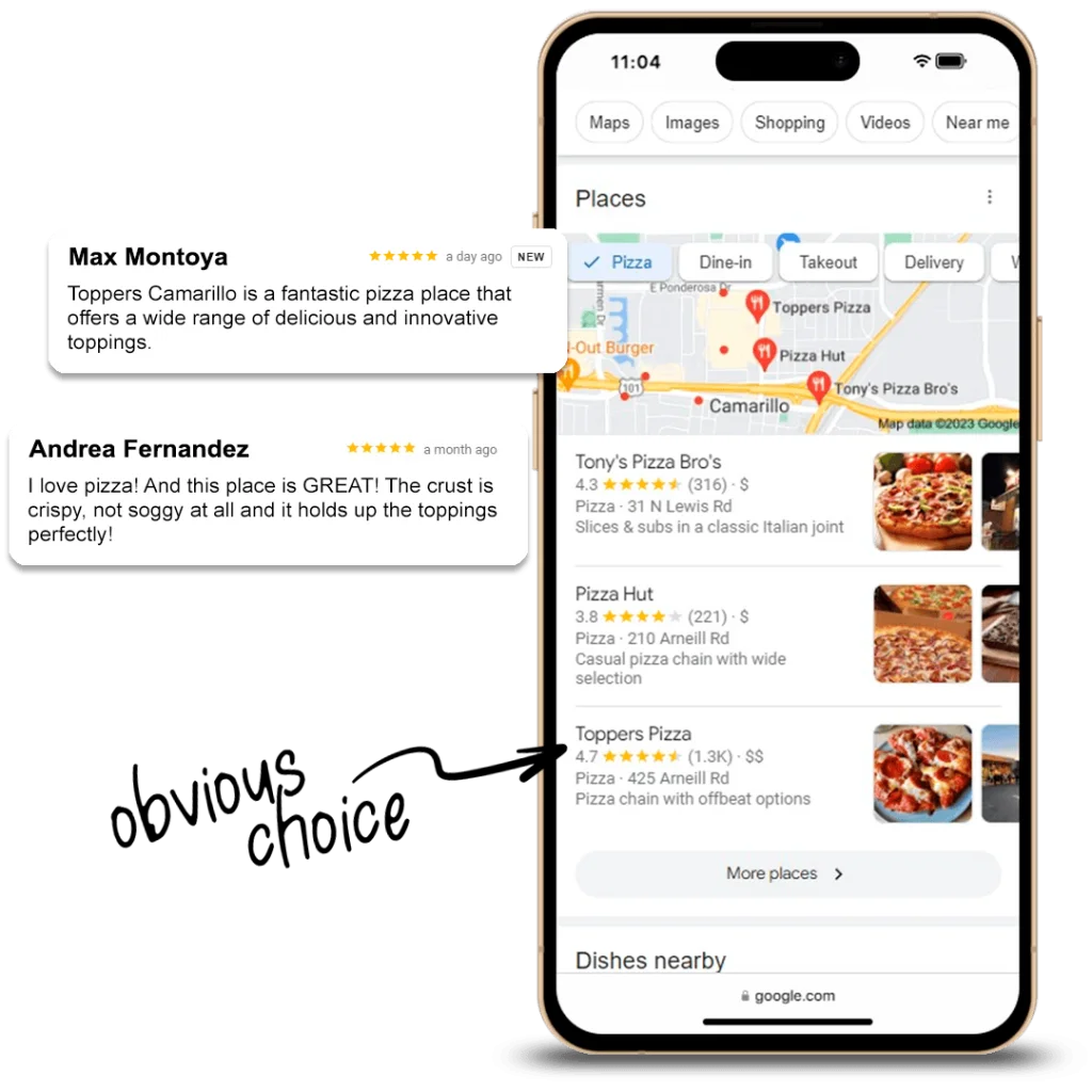 iPhone displaying various review about a local pizza business